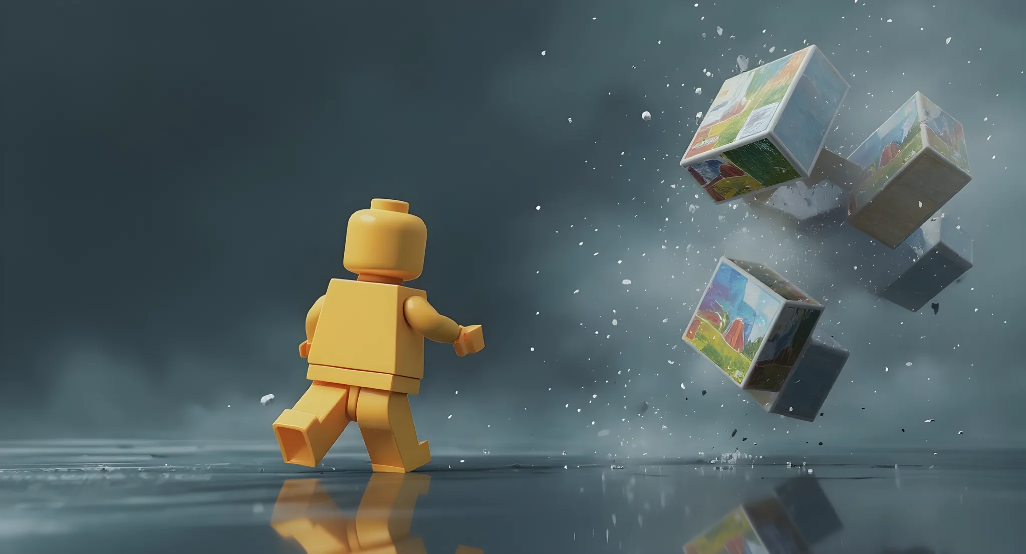 A lone yellow minifigure runs after a stack of toy building-set boxes that is dissolving into the mist — an illustration for 'where is my Lego?'